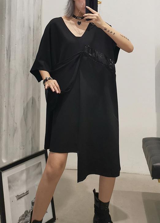 Handmade Black Cotton Clothes V Neck Sequined Tunic Summer Dress