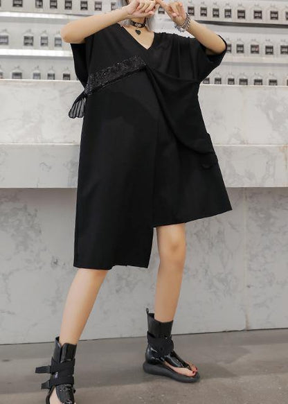 Handmade Black Cotton Clothes V Neck Sequined Tunic Summer Dress