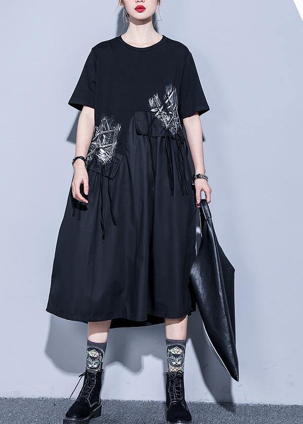 Handmade Black Cotton O Neck Asymmetric Midi Summer Dress