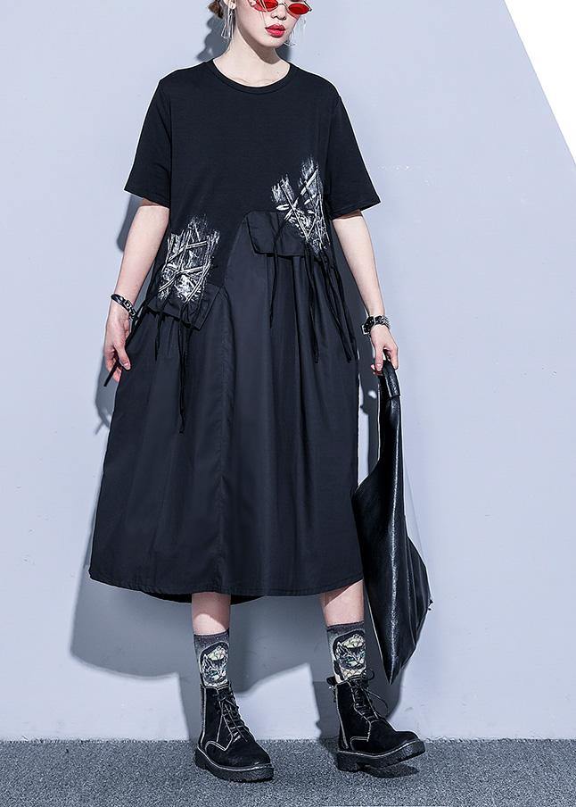 Handmade Black Cotton O Neck Asymmetric Midi Summer Dress