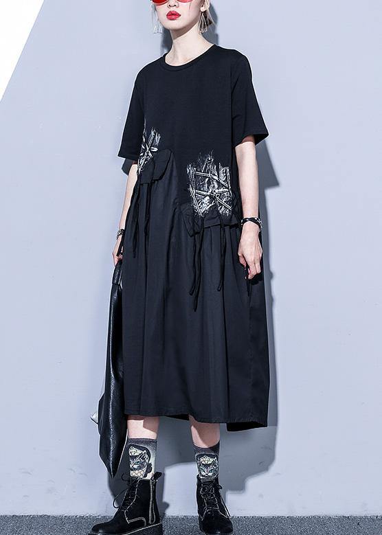 Handmade Black Cotton O Neck Asymmetric Midi Summer Dress