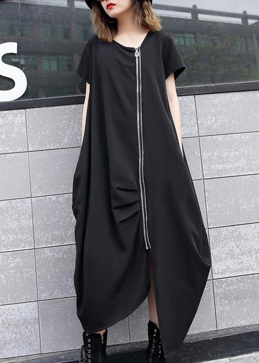 Handmade Gray Geometry Asymmetric Cotton Long Shirts Zippered Long Summer Dress