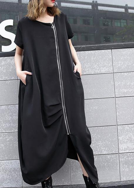 Handmade Gray Geometry Asymmetric Cotton Long Shirts Zippered Long Summer Dress