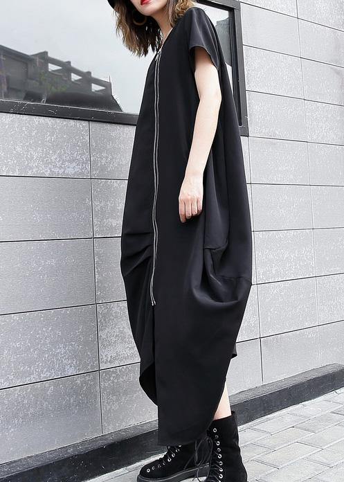Handmade Gray Geometry Asymmetric Cotton Long Shirts Zippered Long Summer Dress