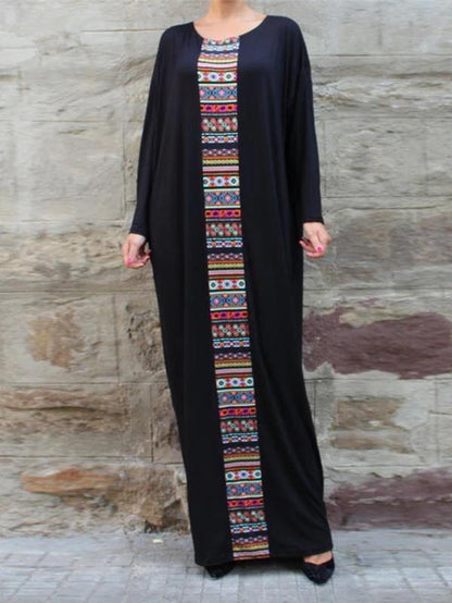 Handmade Black Cotton Tunics Patchwork O Neck Robe Dresses