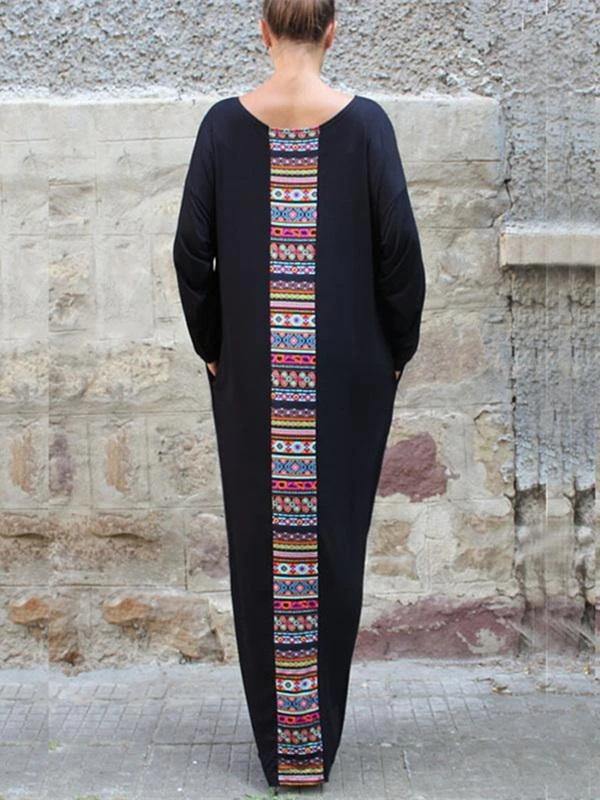 Handmade Black Cotton Tunics Patchwork O Neck Robe Dresses