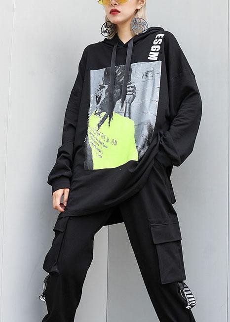 Handmade Black Cotton Tunic Pattern Hooded Oversized Fall Blouses