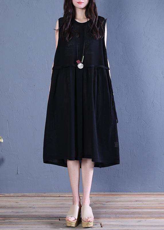 Handmade Black Linen Clothes O Neck Patchwork Shift Summer Dresses