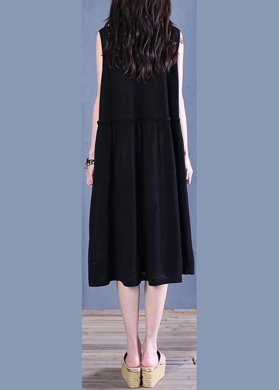 Handmade Black Linen Clothes O Neck Patchwork Shift Summer Dresses