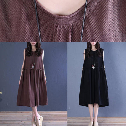 Handmade Black Linen Clothes O Neck Patchwork Shift Summer Dresses