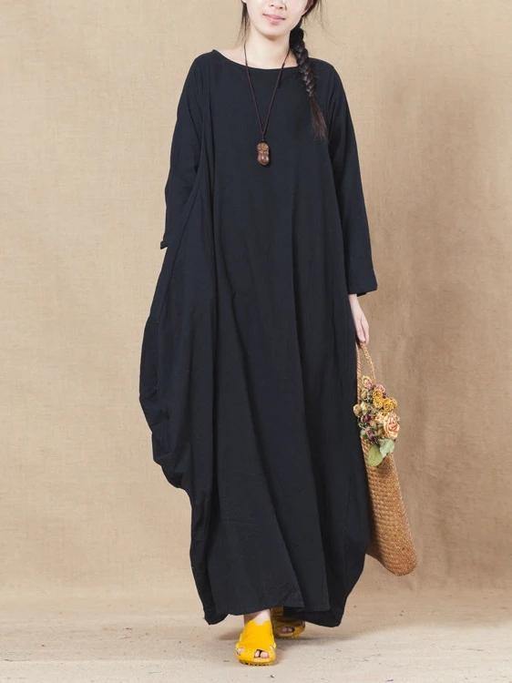 Handmade Black Linen Cotton Wardrobes O Neck Asymmetric Spring Dress