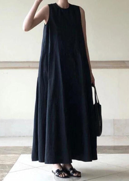 Handmade Green Linen Dresses O Neck Sleeveless Cotton Robes Summer Dresses