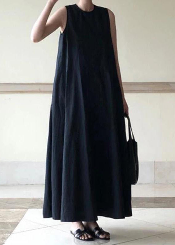 Handmade Green Linen Dresses O Neck Sleeveless Cotton Robes Summer Dresses