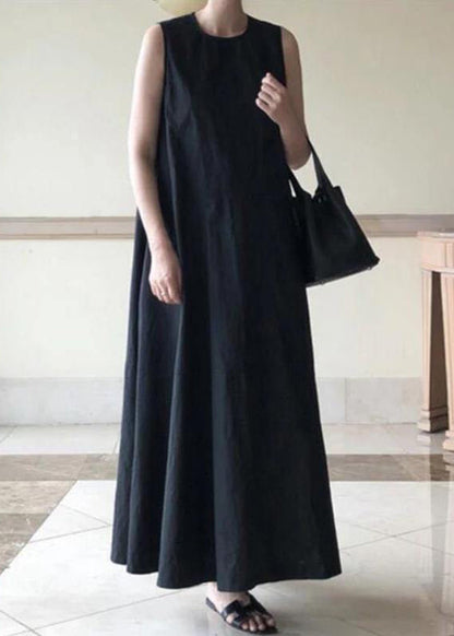 Handmade Blue Linen Dresses O Neck Sleeveless Cotton Robes Summer Dresses