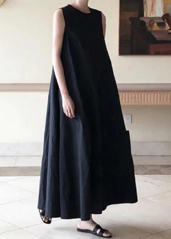 Handmade Blue Linen Dresses O Neck Sleeveless Cotton Robes Summer Dresses