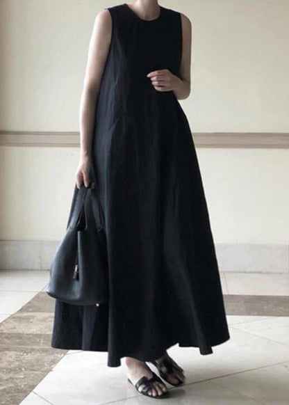 Handmade Blue Linen Dresses O Neck Sleeveless Cotton Robes Summer Dresses