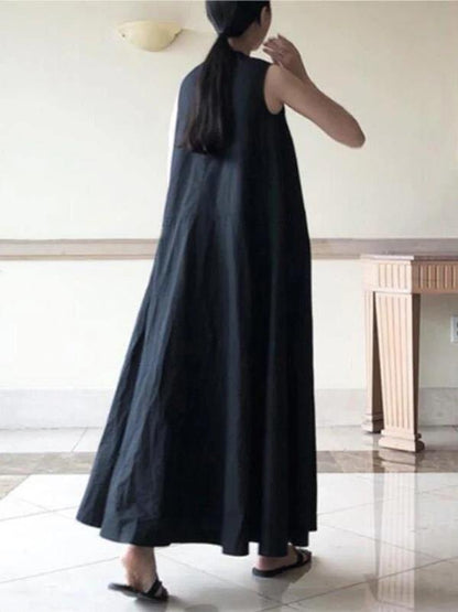 Handmade Pink Geometry Linen Dresses O Neck Sleeveless Cotton Robes Summer Dresses