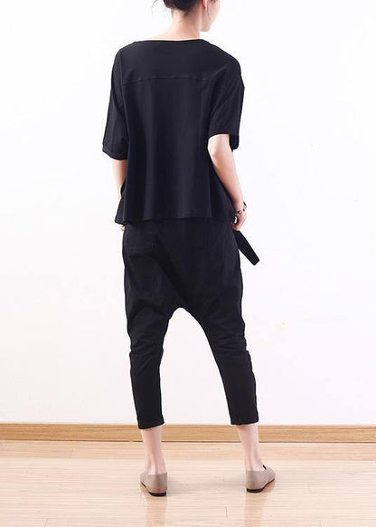 Handmade Black O Neck Cotton Tunics for Short Sleeve Tunic Summer Shirts