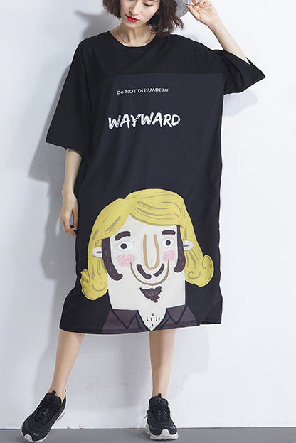 Handmade Black Print Cotton Dress Fine Photography O Neck Daily Summer Dress