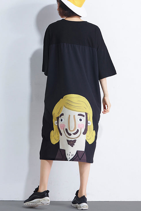 Handmade Black Print Cotton Dress Fine Photography O Neck Daily Summer Dress