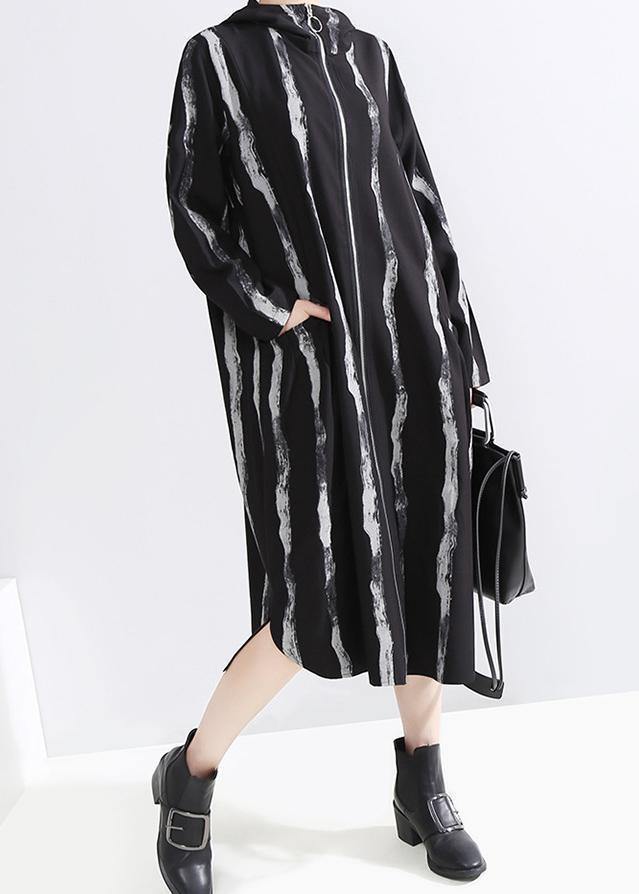 Handmade Black Striped Fine Long Coats Cotton Zippered Hooded Outwears