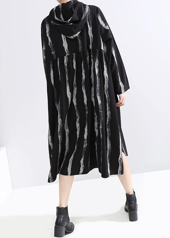 Handmade Black Striped Fine Long Coats Cotton Zippered Hooded Outwears
