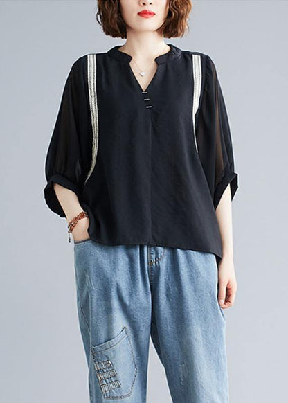 Handmade Black Top Silhouette V Neck Batwing Sleeve Summer Shirt