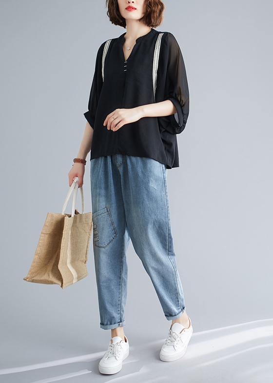 Handmade Black Top Silhouette V Neck Batwing Sleeve Summer Shirt
