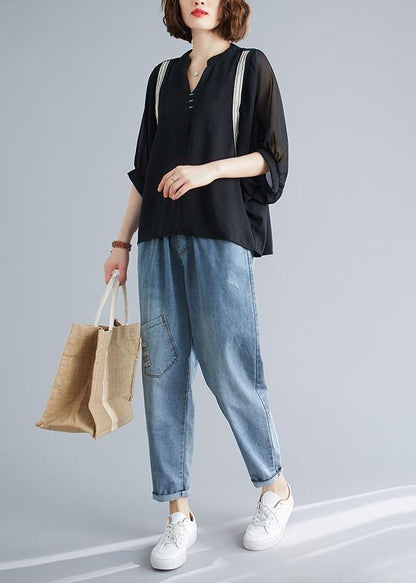 Handmade Black Top Silhouette V Neck Batwing Sleeve Summer Shirt