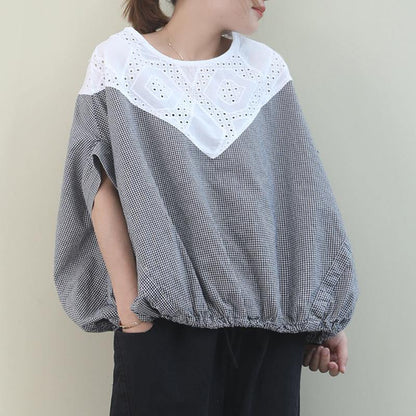 Handmade Black White Plaid Cotton Linen Tops Outfits O Neck Batwing Sleeve Shirt