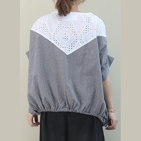 Handmade Black White Plaid Cotton Linen Tops Outfits O Neck Batwing Sleeve Shirt