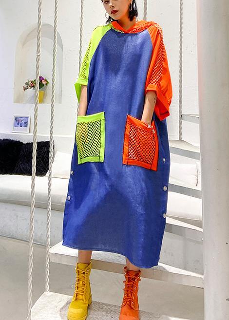 Handmade Blue Cotton Clothes Hooded Pockets Summer Dress