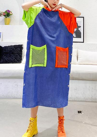 Handmade Blue Cotton Clothes Hooded Pockets Summer Dress