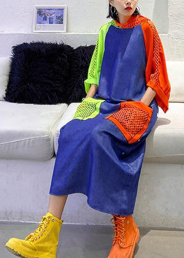 Handmade Blue Cotton Clothes Hooded Pockets Summer Dress