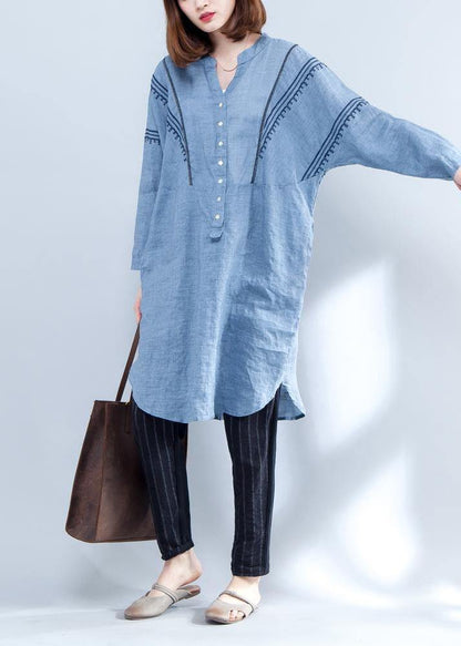 Handmade Blue Linen Clothes Embroidery Midi Summer Dresses