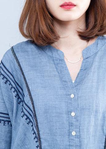 Handmade Blue Linen Clothes Embroidery Midi Summer Dresses