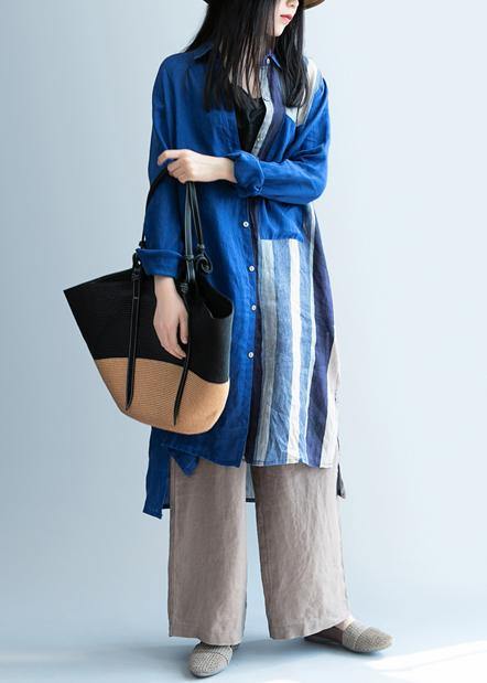 Handmade Blue Patchwork Striped Lapel Dress