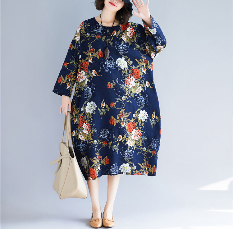 Handmade Blue Print Cotton Linen Long Ideas Pockets Cotton Dress