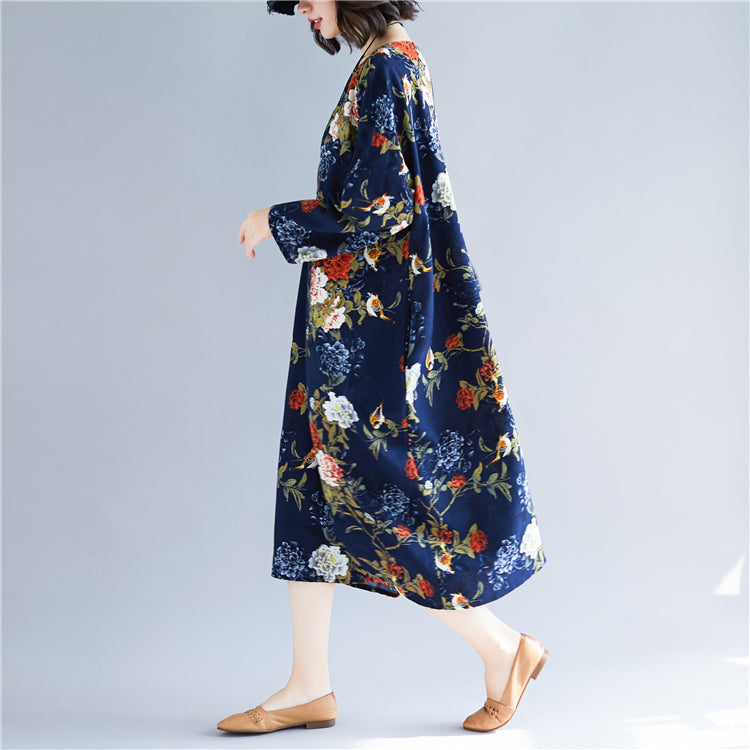 Handmade Blue Print Cotton Linen Long Ideas Pockets Cotton Dress
