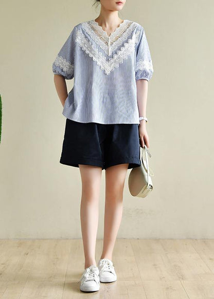 Handmade Blue Striped Tops V Neck Patchwork Lace Art Top