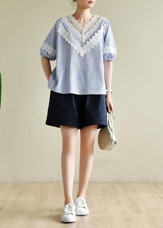 Handmade Blue Striped Tops V Neck Patchwork Lace Art Top