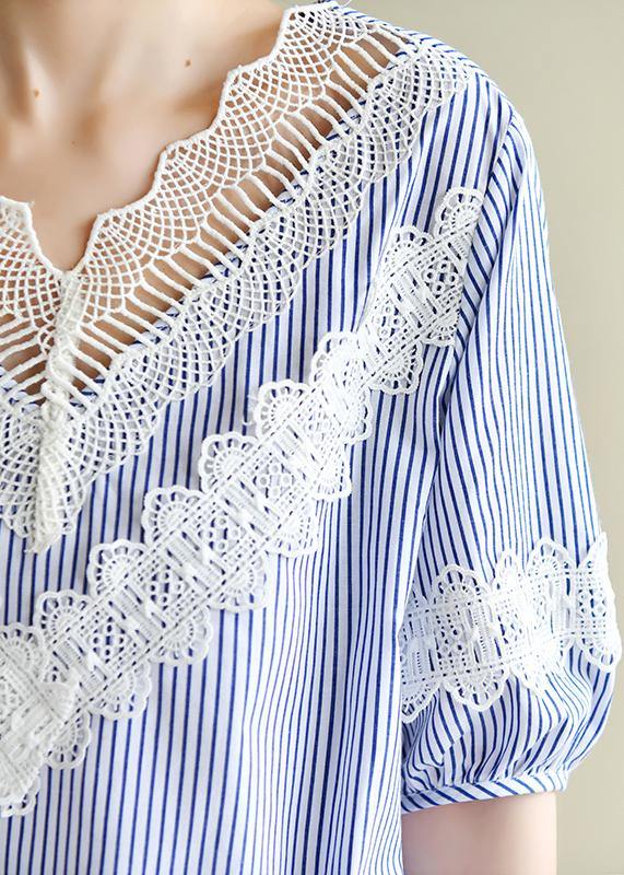 Handmade Blue Striped Tops V Neck Patchwork Lace Art Top