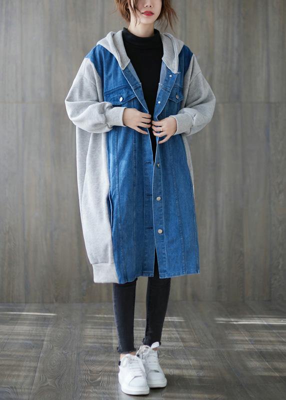 Handmade Blue Tunics for Tops Hooded Patchwork Outwears