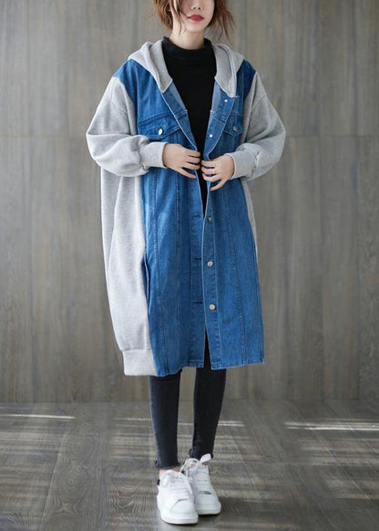 Handmade Blue Tunics for Tops Hooded Patchwork Outwears