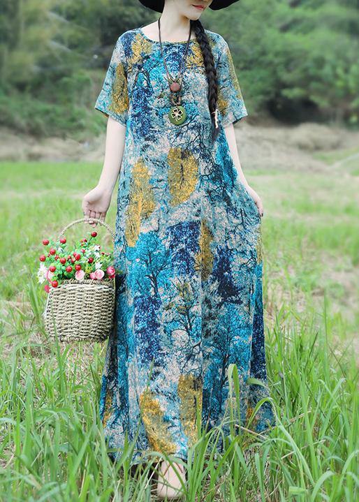 Handmade Blue Yellow Cotton Linen Outfits O Neck Maxi Summer Dress