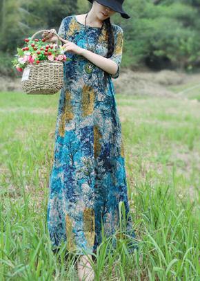 Handmade Blue Yellow Cotton Linen Outfits O Neck Maxi Summer Dress