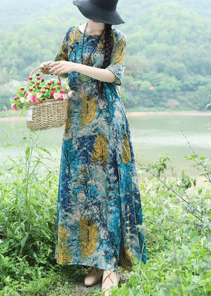 Handmade Blue Yellow Cotton Linen Outfits O Neck Maxi Summer Dress