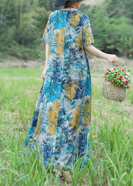 Handmade Blue Yellow Cotton Linen Outfits O Neck Maxi Summer Dress