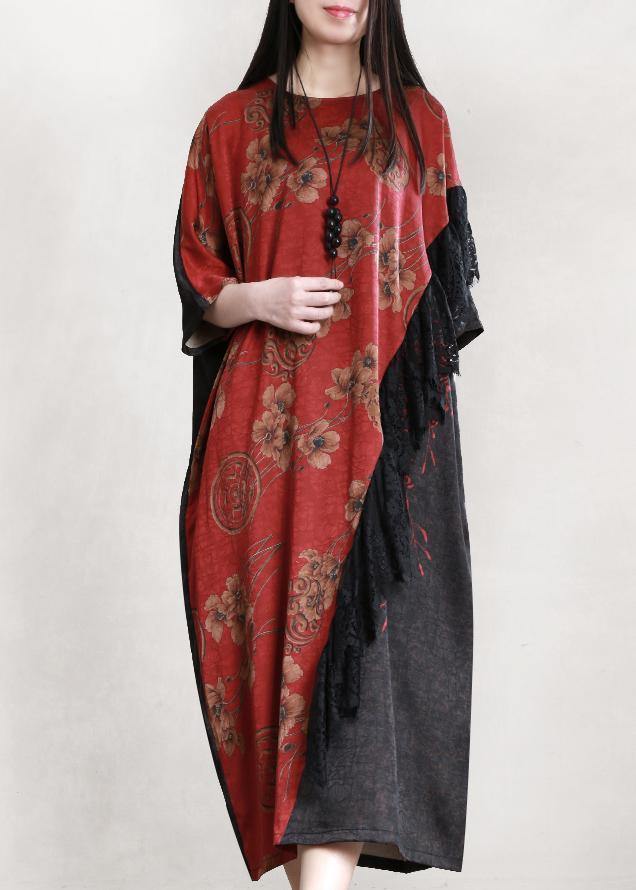 Handmade Burgundy Clothes O Neck Patchwork Loose Dress