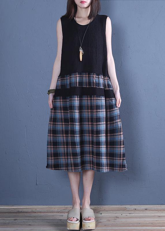Handmade Chocolate Plaid Linen Dresses O Neck Patchwork Dress